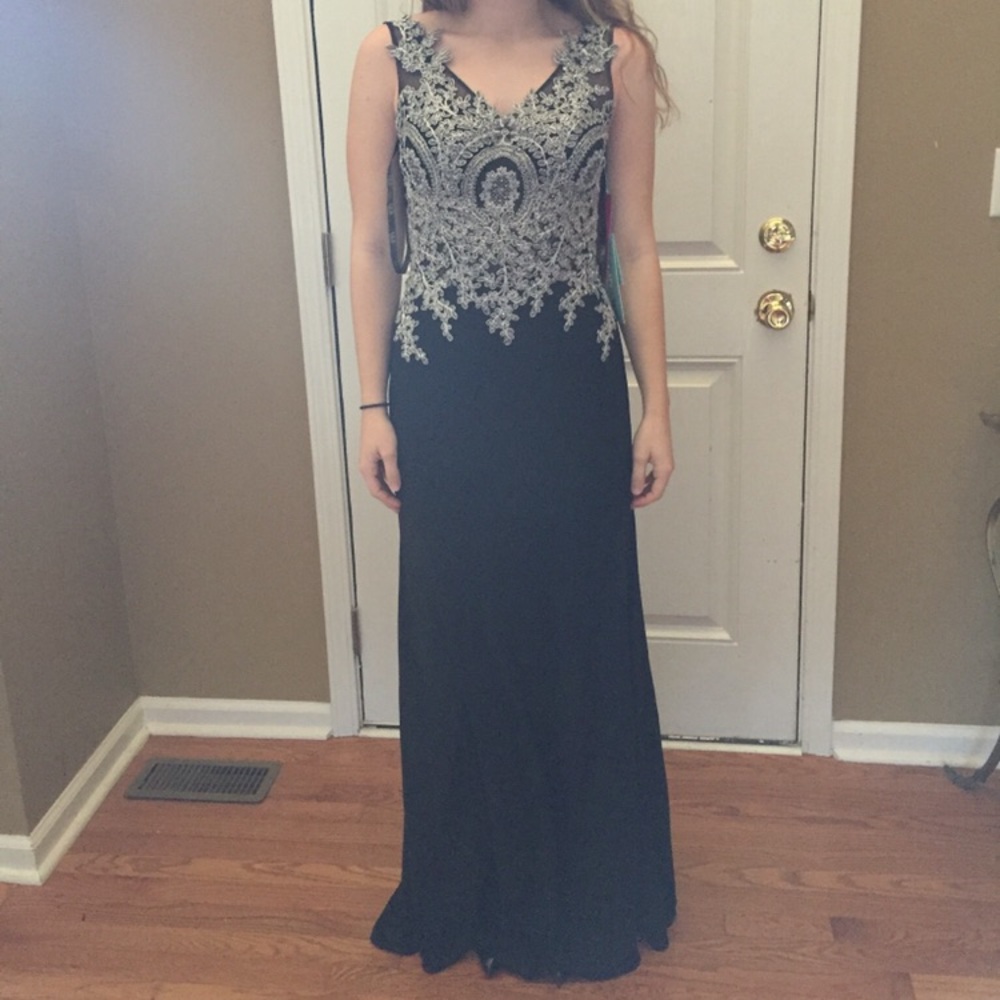 Black sleeveless prom dress with silver detail